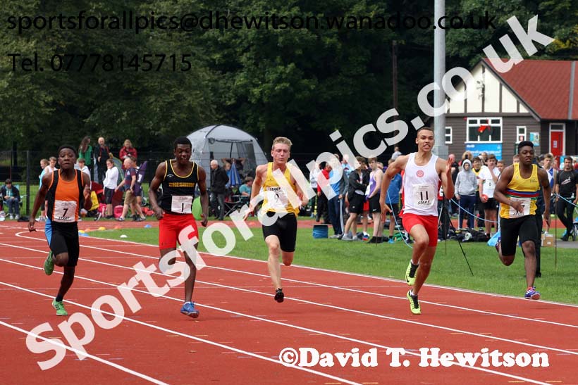 Mens and Boys 100 metres at the Northern Inter-Counties under-17s and 15s at Witton Park, Blackburn. Photo: David T. Hewitson/Sports for All Pics